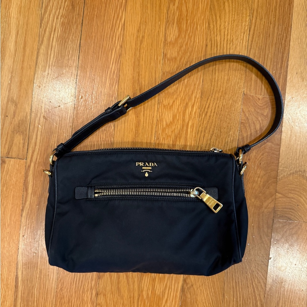 Prada Tessuto Shoulder Bag | Black | Gold Accents